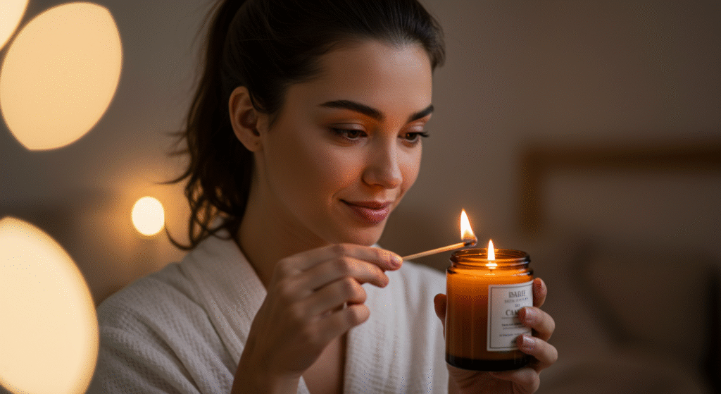 Mulher acendendo uma vela aromática dentro de casa. O ambiente está à meia luz, representando um momento de pausa e relaxamento da rotina slow.
