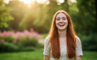 Mulher ruiva sorrindo em um campo aberto, com flores e árvores ao fundo. O sol ilumina a imagem. Essa imagem representa a paz da rotina slow.