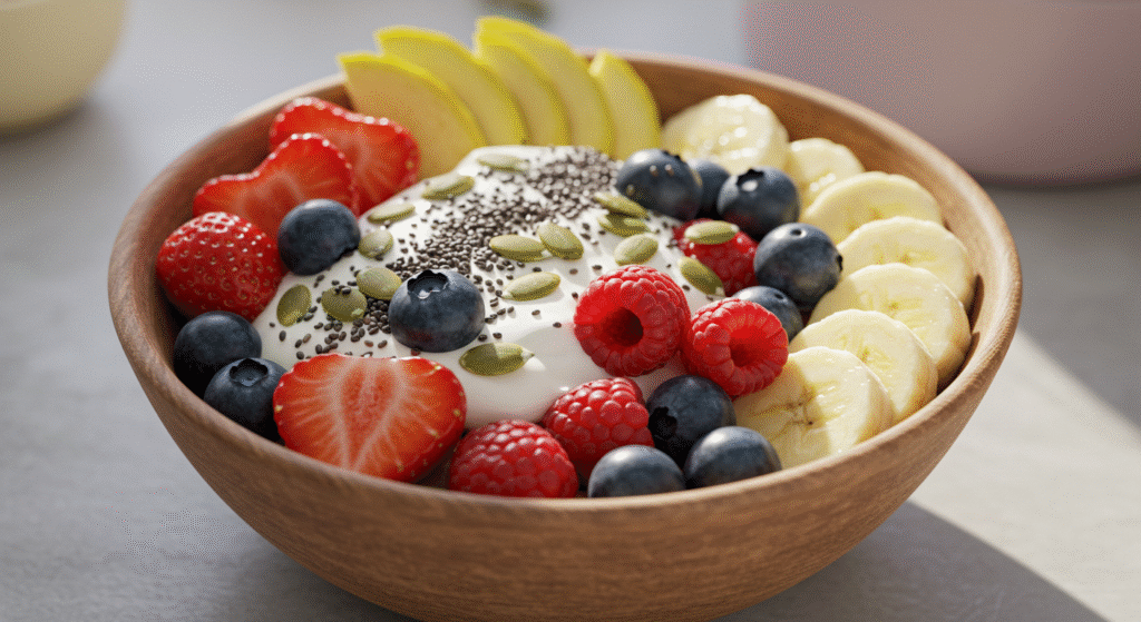 Bowl de iogurte com frutas vermelhas, banana e maçã verde, representando uma refeição nutritiva e aconchegante para melhorar o autocuidado de uma rotina slow.