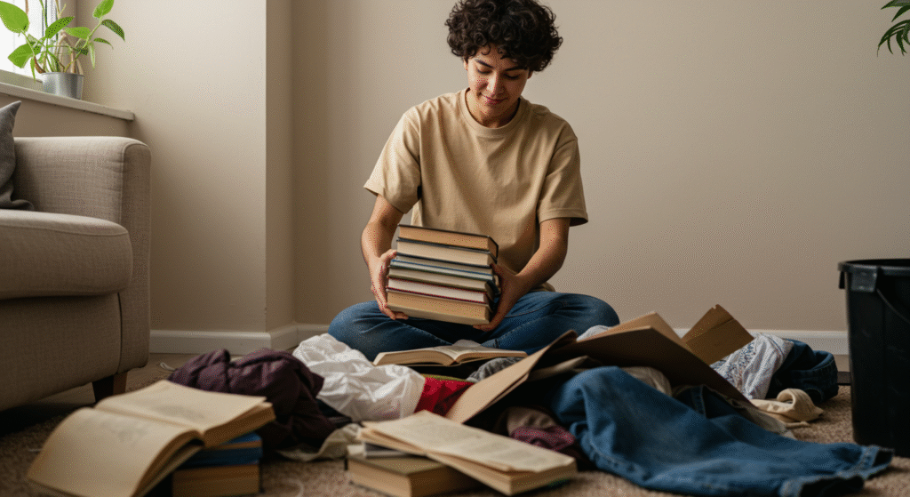 Pessoa desapegando de objetos desnecessários (livros, papéis) em uma pilha de coisas, simbolizando a ideia de simplificação e "menos é mais" para uma rotina mais leve.