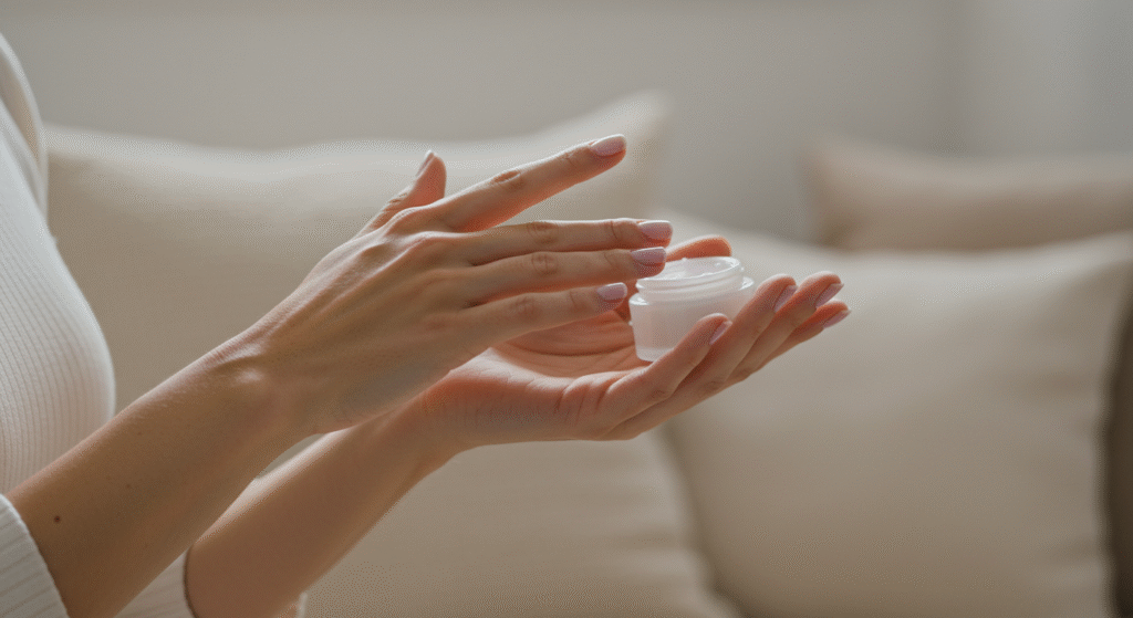 Mãos femininas aplicando creme hidratante em um ambiente aconchegante, representando autocuidado e rotinas de saúde e bem-estar.