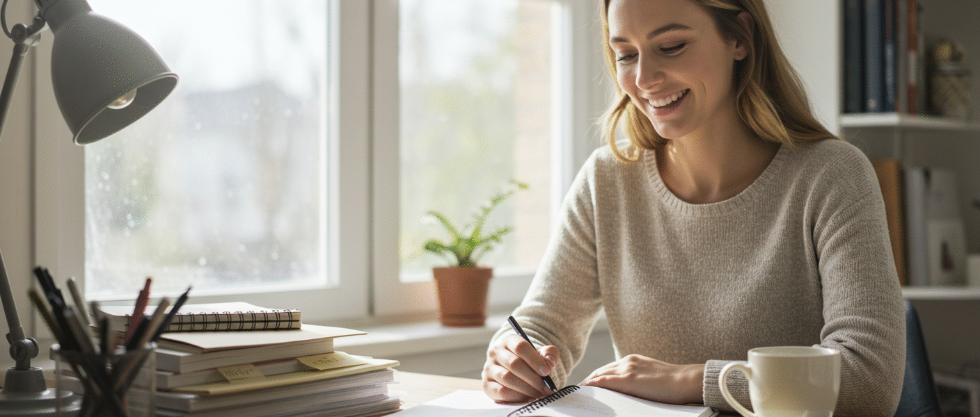 Uma pessoa sorrindo, sentada em uma escrivaninha organizada com um planner aberto e uma xícara de café, com luz natural entrando pela janela. O foco estaria na sensação de tranquilidade e controle sobre a rotina.