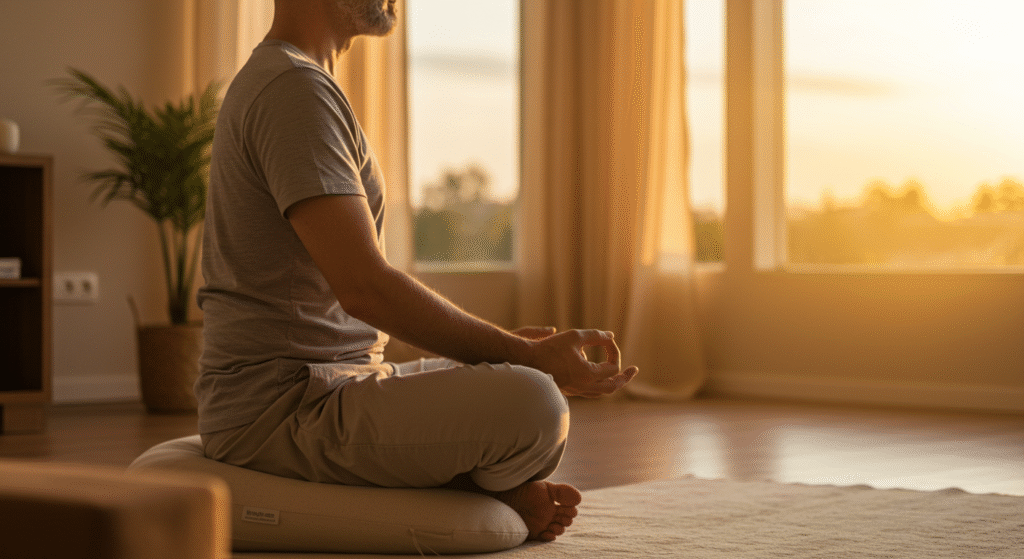 Uma pessoa praticando yoga ou meditação em um ambiente calmo, com cores suaves e elementos naturais, transmitindo a ideia de bem-estar e atenção plena no dia a dia.