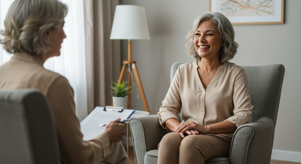 Mulher sorrindo em sessão de terapia, simbolizando o autoconhecimento e o cuidado com as emoções.