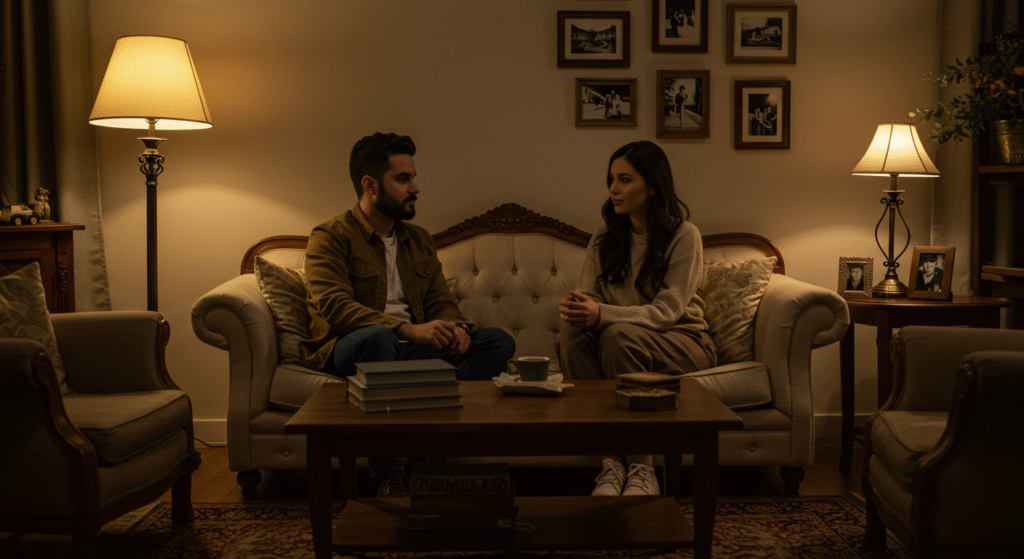 Casal conversando calmamente na sala de estar de uma casa aconchegante. Eles falam sobre seus problemas no relacionamento de forma calma, representando a inteligência emocional nos relacionamentos.