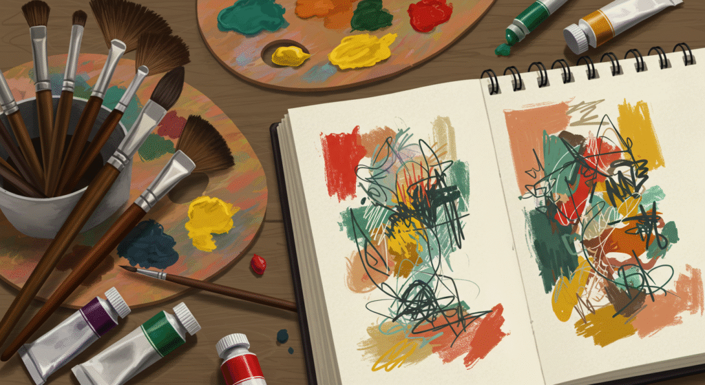 Pintura é uma aliada na terapia das emoções. A imagem traz pincéis, tintas e desenhos abstratos para representar a arte e a saúde mental.