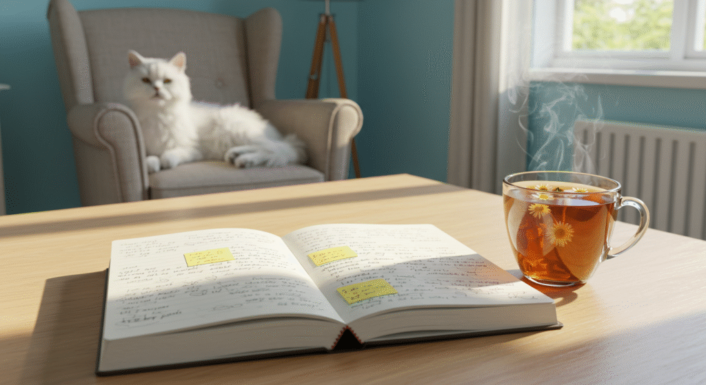 Diário aberto com anotações sobre emoções, chá calmante e ambiente acolhedor com gato ao fundo, representando autocuidado emocional.