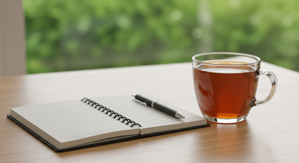 Copo de chá quente ao lado de um caderno em branco com uma caneta, próximo a uma janela com vista para a natureza — simbolizando momentos de autocuidado emocional e práticas que favorecem a saúde e bem-estar.