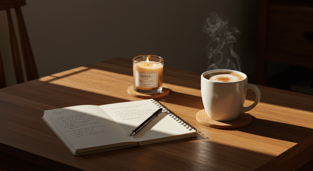 Caderno de anotações, vela aromática e café quente sobre mesa de madeira, representando ritual de autocuidado e bem-estar.
