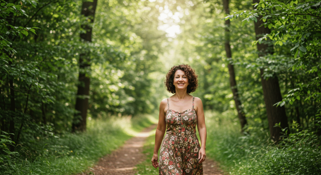 Caminhada ao ar livre como parte de uma rotina slow para preservar a saúde mental. A imagem retrata uma mulher de aproximadamente 45 anos caminhando em meio à natureza.