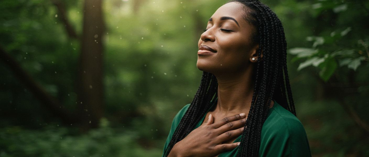 Mulher com os olhos fechados e a mão sobre o peito, conectada às próprias emoções em meio à natureza.