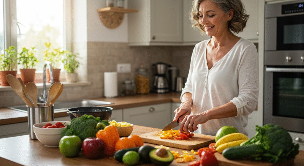 Mulher praticando Hobbies na cozinha ao preparar receitas coloridas para relaxar e melhorar a saúde mental.
