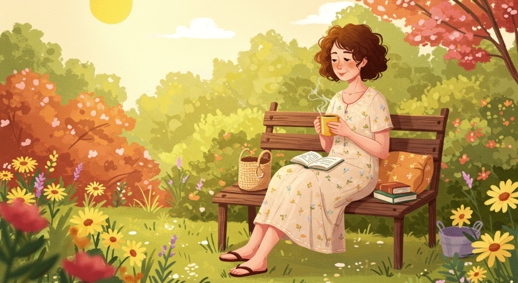 Mulher sentada em um banco de parque, lendo um livro e tomando chá em meio à natureza, representando o autocuidado como resposta à produtividade tóxica.