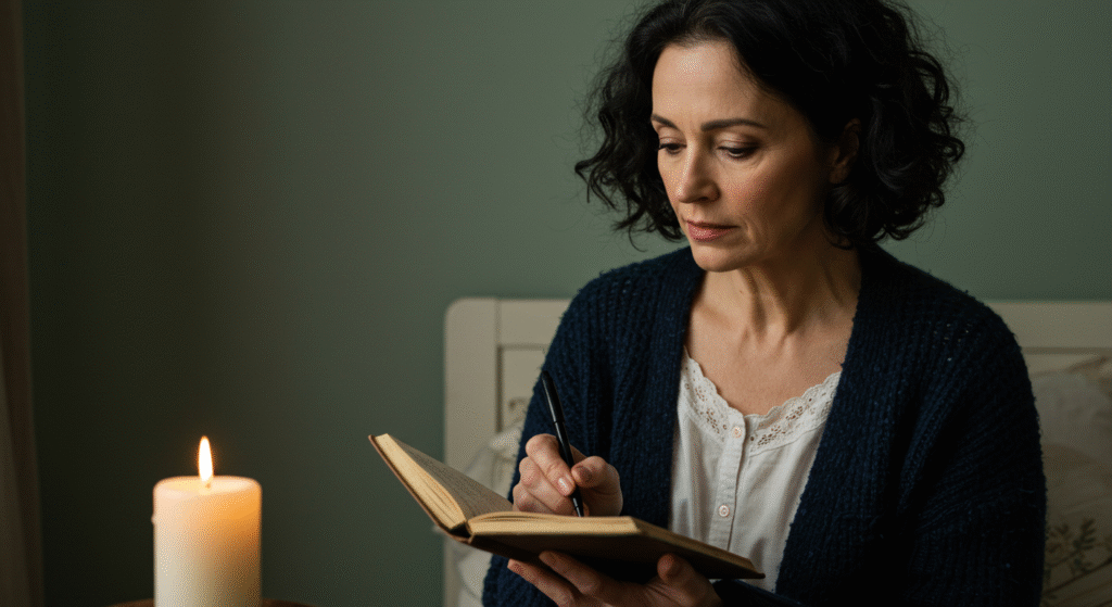 Journaling e momentos de reflexão como práticas de autocuidado para saúde mental. A imagem retrata uma mulher num ambiente à meia luz escrevendo em seu diário de emoções.