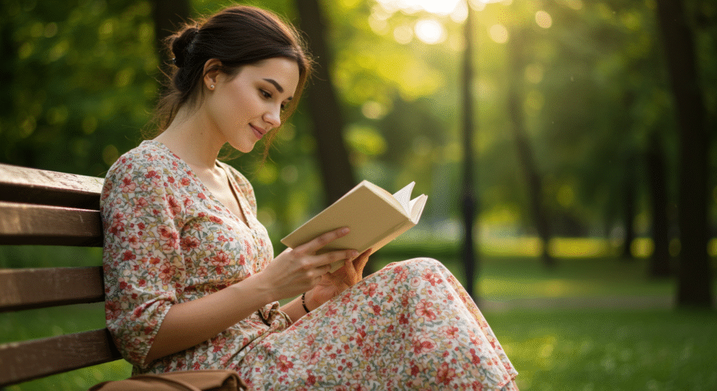 Hobbies de leitura ao ar livre ajudando mulher a encontrar diversão e cuidar da saúde mental.