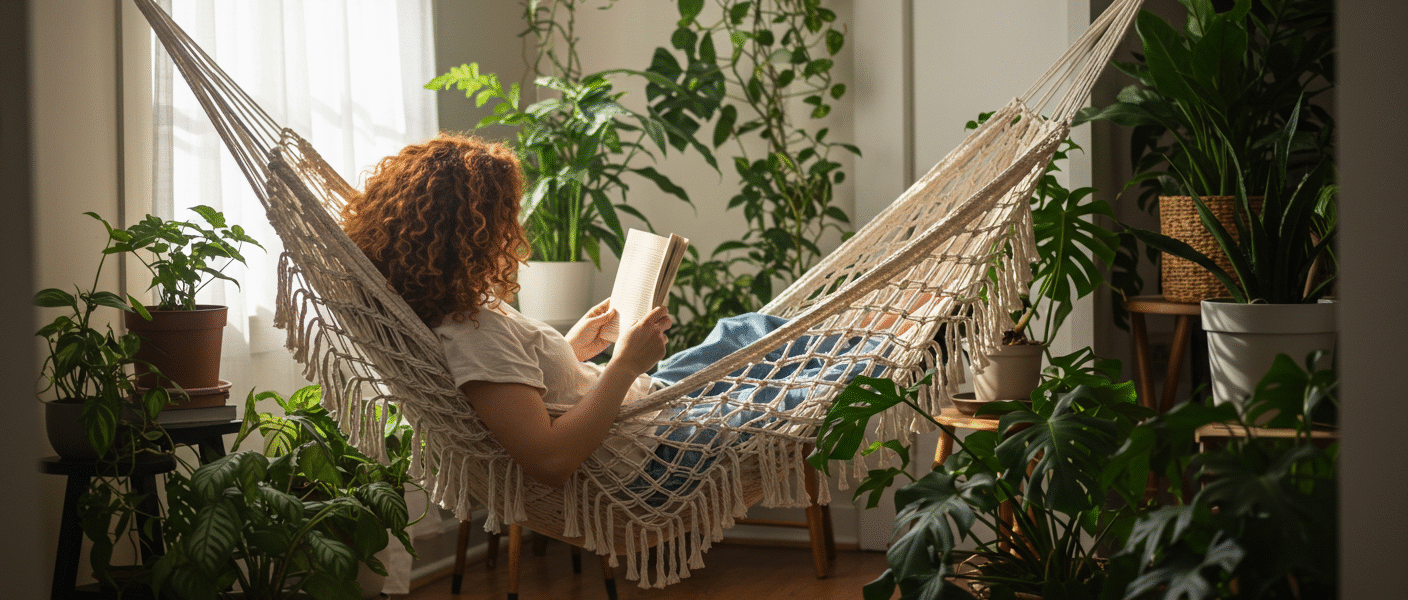 Mulher deitada na rede enquanto lê. Ela está rodeada de plantas e a imagem transmite paz e pausa, ideais para o cuidado da saúde mental.