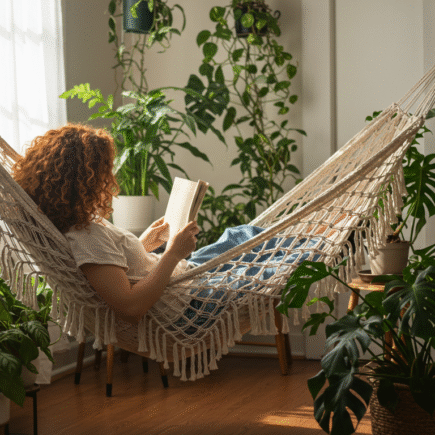 Mulher deitada na rede enquanto lê. Ela está rodeada de plantas e a imagem transmite paz e pausa, ideais para o cuidado da saúde mental.