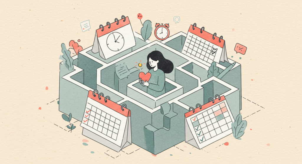 Ilustração de uma mulher segurando um coração dentro de um labirinto formado por calendários e relógios, simbolizando a armadilha da produtividade tóxica imposta pelo capitalismo moderno.