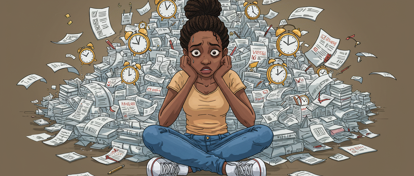 Mulher sentada no chão, cercada por pilhas de papéis e relógios, com expressão de exaustão, simbolizando os efeitos da produtividade tóxica no cotidiano de trabalho.