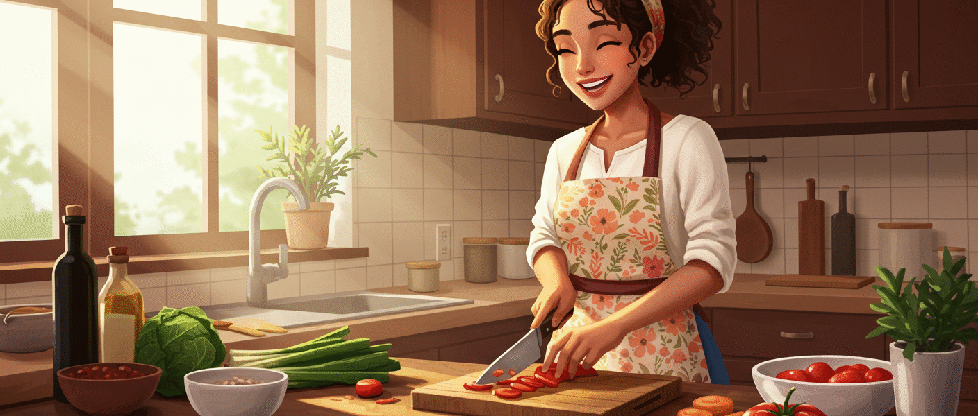 Mulher sorrindo enquanto cozinha numa cozinha aconchegante, demonstrando o poder desestressante da cozinhaterapia.