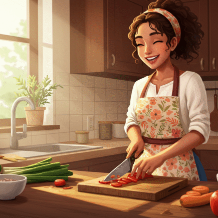 Mulher sorrindo enquanto cozinha numa cozinha aconchegante, demonstrando o poder desestressante da cozinhaterapia.