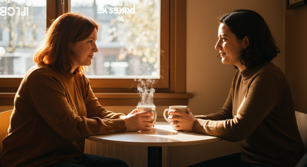 Mulheres tomando café numa cafeteria aconchegante e trocando experieências sobre as próprias emoções, como forma de expressão da inteligência emocional.