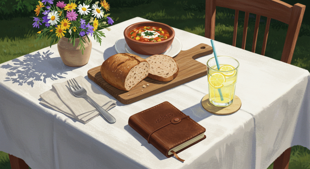 Mesa posta com uma comida simples e bonita juntamente à um diário, representando o alívio e a cura das emoções através da cozinhaterapia.