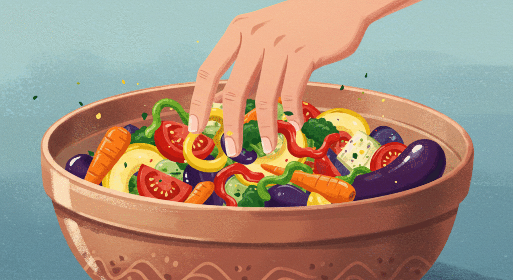 Uma tigela com vários legumes sendo misturados à mão, representando a conexão e a criatividade geradas pela cozinhaterapia.