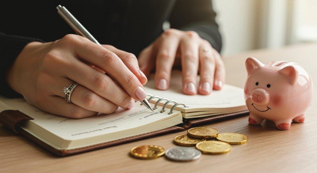 Close-up de uma mulher escrevendo em um caderno com um cofrinho e moedas por perto, simbolizando o processo de organização financeira e planejamento de poupança.