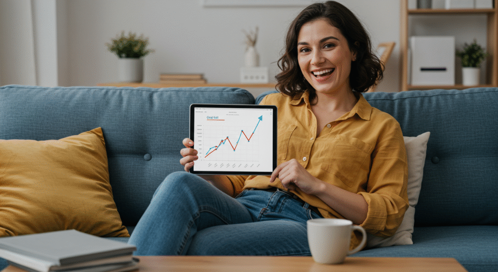 Mulher sorridente sentada no sofá, exibindo um gráfico de sucesso em seu tablet, representando o resultado positivo de uma organização financeira bem-feita.