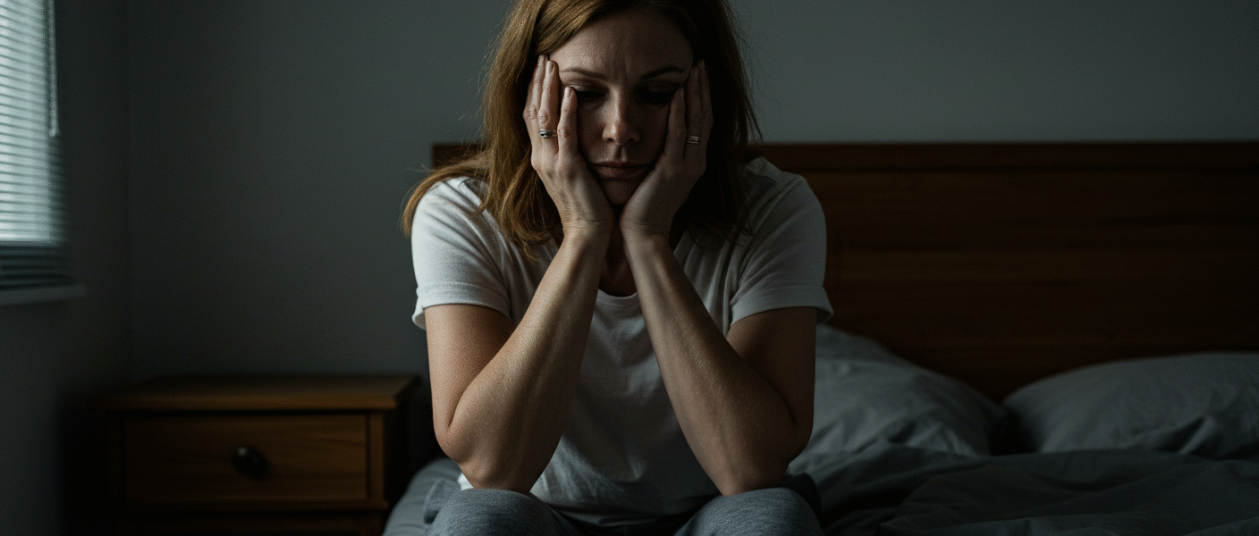 Mulher exausta na cama com sinais de burnout emocional e cansaço mental.