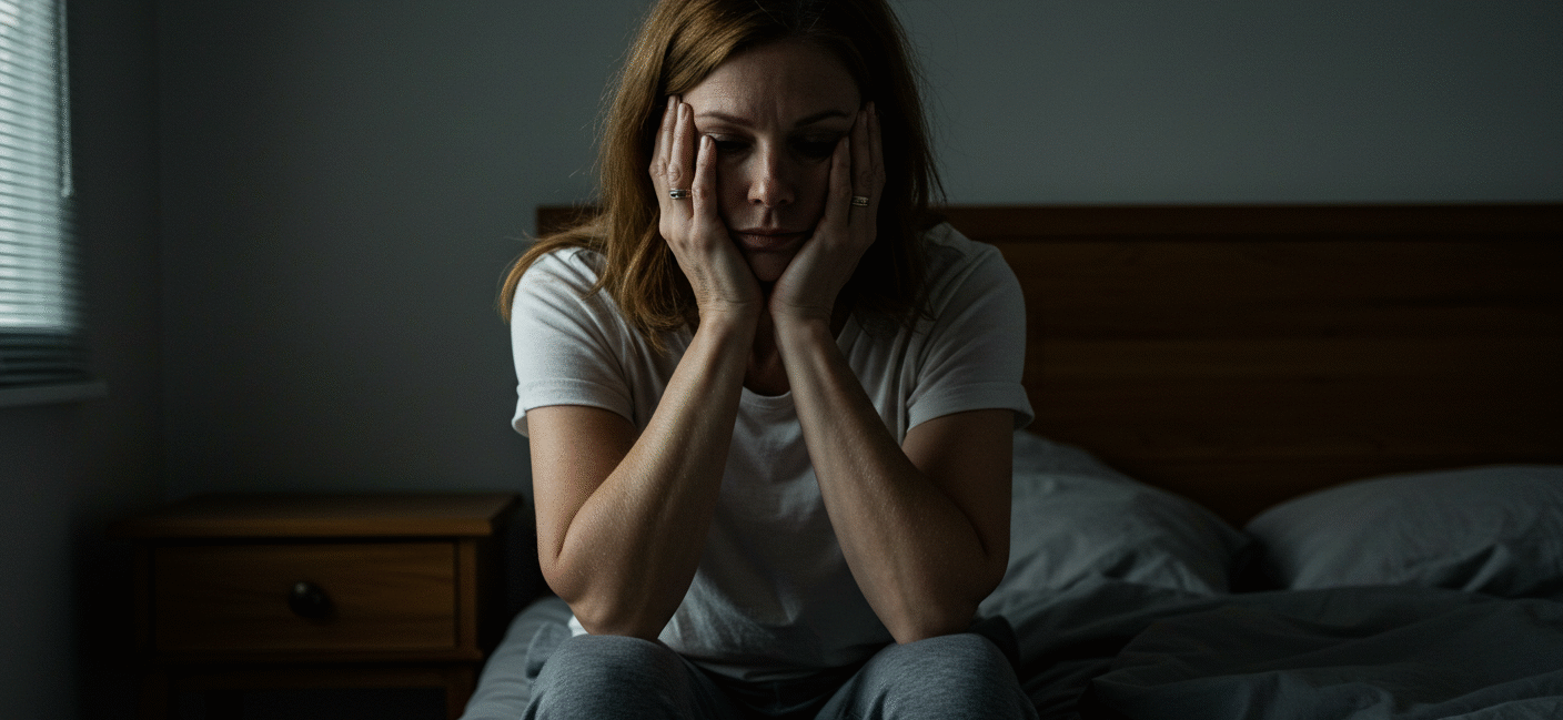 Mulher exausta na cama com sinais de burnout emocional e cansaço mental.