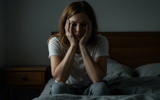 Mulher exausta na cama com sinais de burnout emocional e cansaço mental.