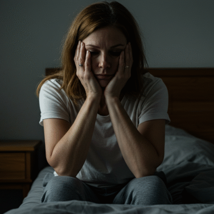 Mulher exausta na cama com sinais de burnout emocional e cansaço mental.