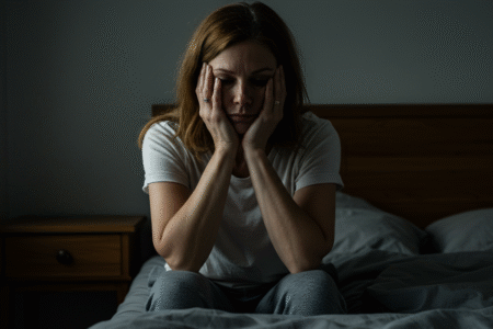 Mulher exausta na cama com sinais de burnout emocional e cansaço mental.