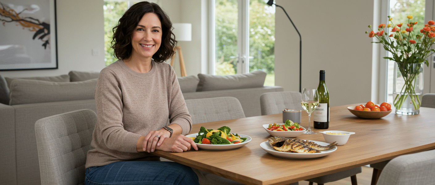 Mulher de meia-idade, feliz e relaxada, sentada em sua mesa de jantar em casa, mostrando a tranquilidade que uma boa organização financeira proporciona.