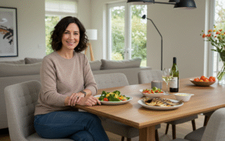 Mulher de meia-idade, feliz e relaxada, sentada em sua mesa de jantar em casa, mostrando a tranquilidade que uma boa organização financeira proporciona.