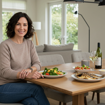 Mulher de meia-idade, feliz e relaxada, sentada em sua mesa de jantar em casa, mostrando a tranquilidade que uma boa organização financeira proporciona.