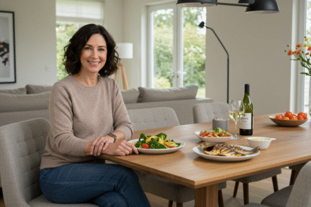 Mulher de meia-idade, feliz e relaxada, sentada em sua mesa de jantar em casa, mostrando a tranquilidade que uma boa organização financeira proporciona.