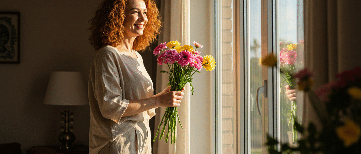 Mulher ruiva sorrindo, de frente para a janela, com um buquê de flores. A cena representa a alegria e a renovação de iniciar a Limpeza Sazonal de primavera.