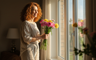 Mulher ruiva sorrindo, de frente para a janela, com um buquê de flores. A cena representa a alegria e a renovação de iniciar a Limpeza Sazonal de primavera.