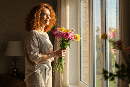 Mulher ruiva sorrindo, de frente para a janela, com um buquê de flores. A cena representa a alegria e a renovação de iniciar a Limpeza Sazonal de primavera.