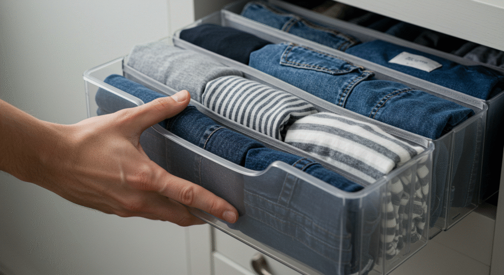 Mão de uma pessoa organizando uma gaveta com divisórias, onde roupas são dobradas em pequenos rolos. Essa imagem ilustra a organização prática para otimizar o espaço na Limpeza Sazonal.