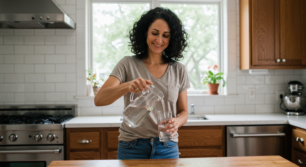 Mulher sorrindo, preenchendo o próprio copo com água; metáfora do reabastecimento de energia e autocompaixão.