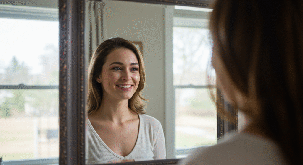 Mulher sorrindo para seu reflexo no espelho, exercendo a autocompaixão e autoaceitação.