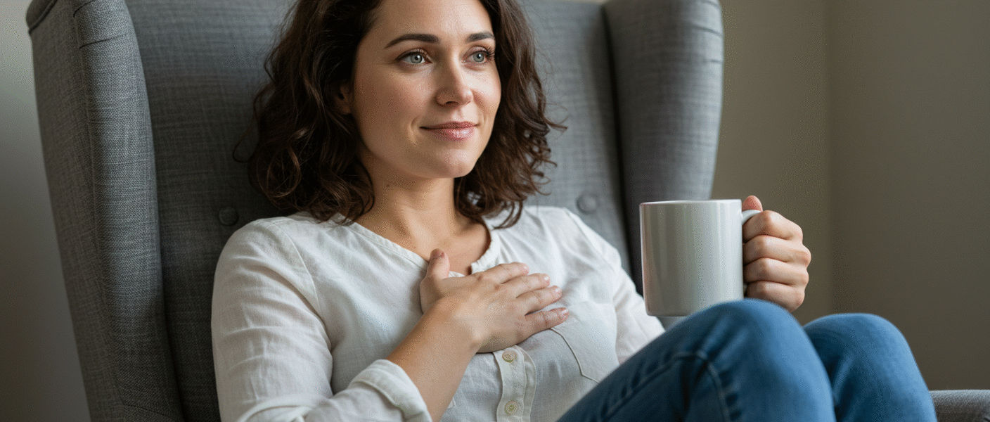 Mulher em poltrona praticando autocompaixão, com a mão no peito, simbolizando autocuidado e conforto pessoal.