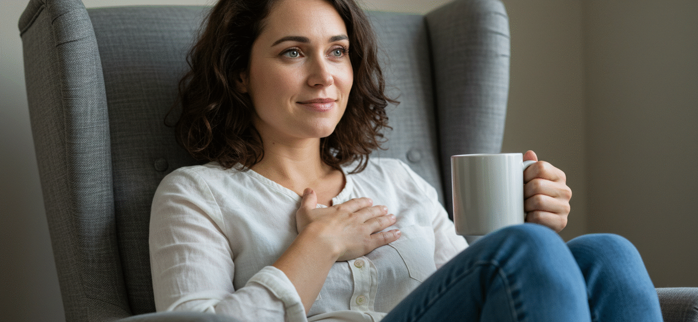 Mulher em poltrona praticando autocompaixão, com a mão no peito, simbolizando autocuidado e conforto pessoal.