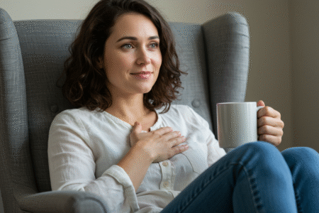 Mulher em poltrona praticando autocompaixão, com a mão no peito, simbolizando autocuidado e conforto pessoal.