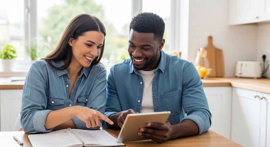 Casal sentado à mesa da cozinha, planejando em equipe a divisão das tarefas de casa em um cronograma para uma rotina mais justa.