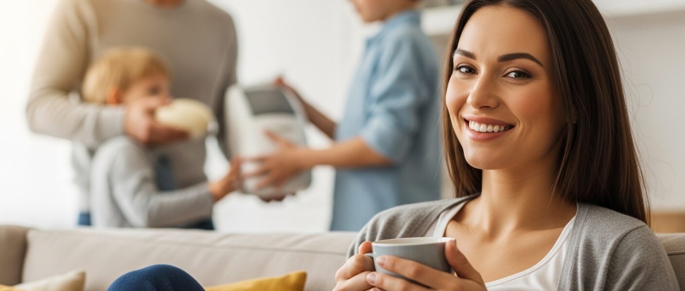 Mulher relaxando no sofá enquanto parceiro e filho colaboram com as tarefas de casa ao fundo, simbolizando o fim da sobrecarga.